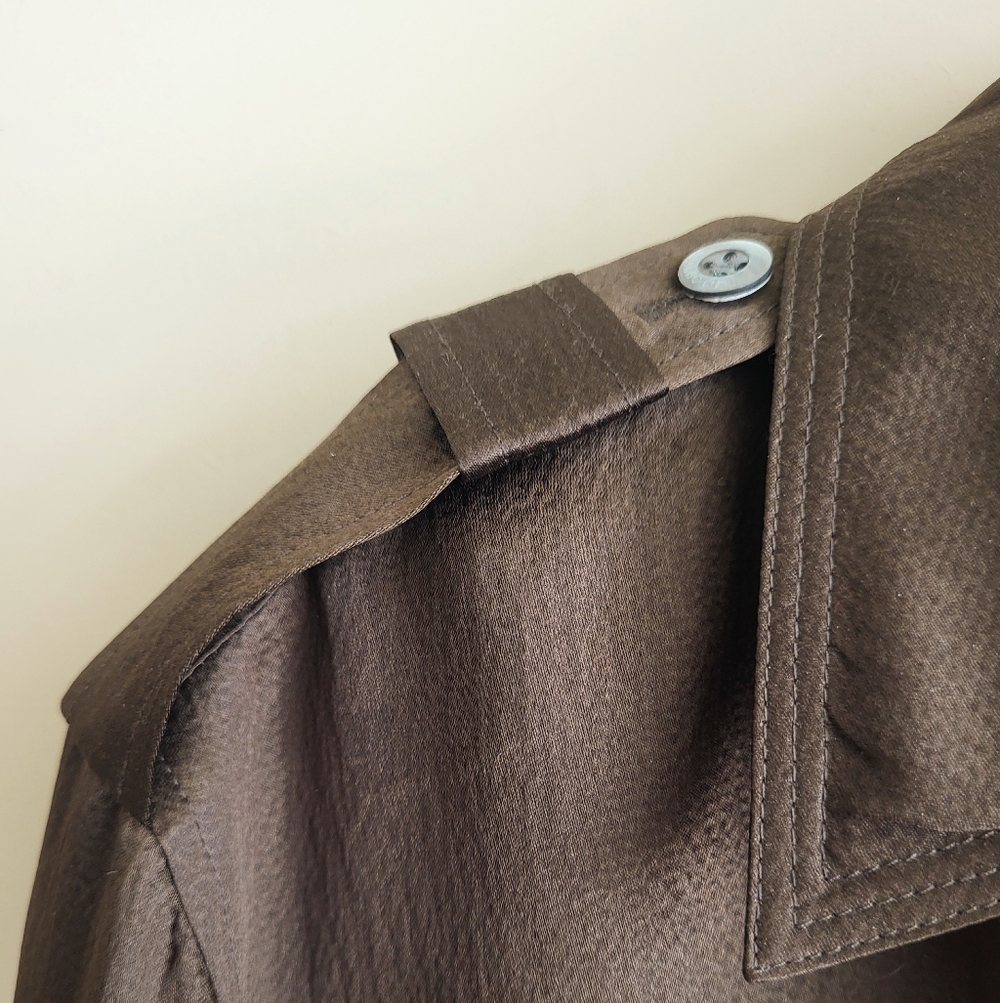 Talbots 100% Silk Button Front Blouse Brown Utility Style - Picture 4 of 9
